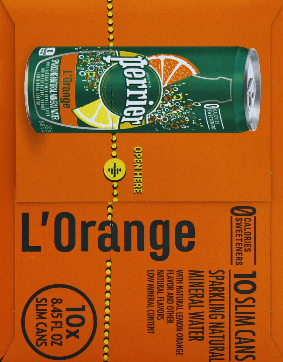 slide 2 of 10, PERRIER L'Orange Flavored Carbonated Mineral Water (Lemon Orange Flavor), 8.45 fl oz. Slim Cans (10 Count) - 84.5 oz, 84.5 oz