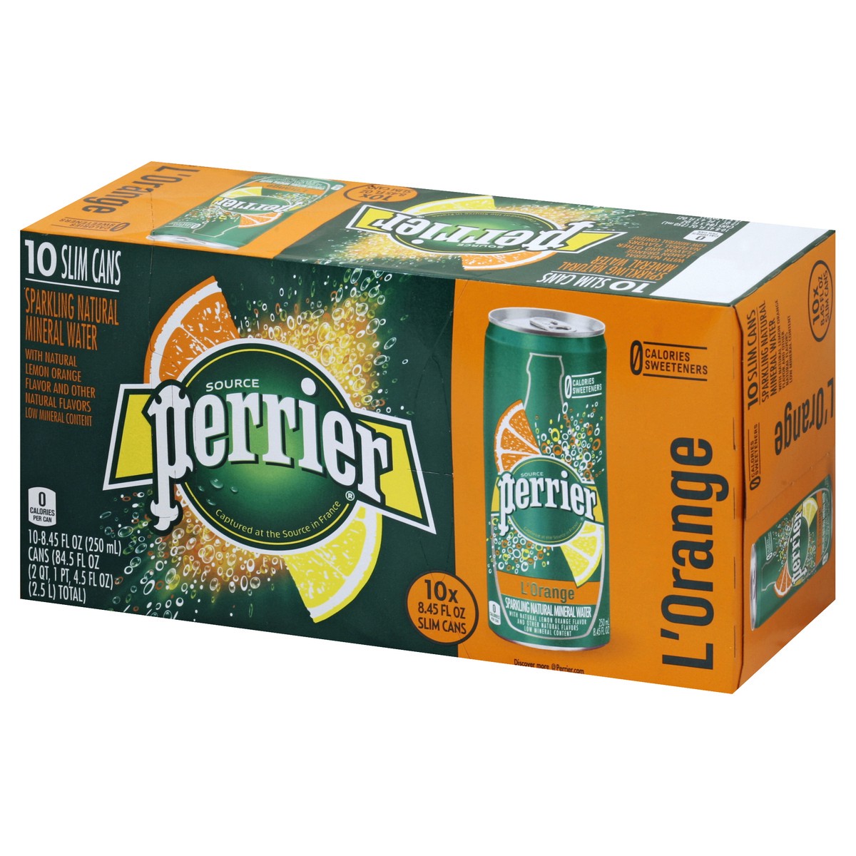 slide 9 of 10, PERRIER L'Orange Flavored Carbonated Mineral Water (Lemon Orange Flavor), 8.45 fl oz. Slim Cans (10 Count) - 84.5 oz, 84.5 oz