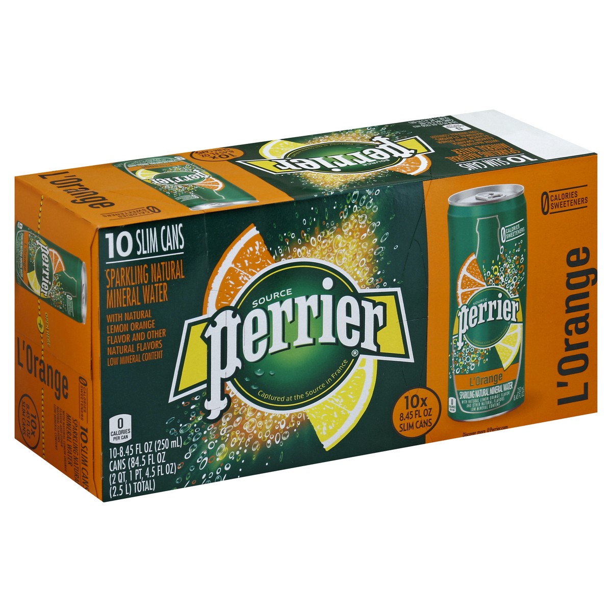 slide 10 of 10, PERRIER L'Orange Flavored Carbonated Mineral Water (Lemon Orange Flavor), 8.45 fl oz. Slim Cans (10 Count) - 84.5 oz, 84.5 oz