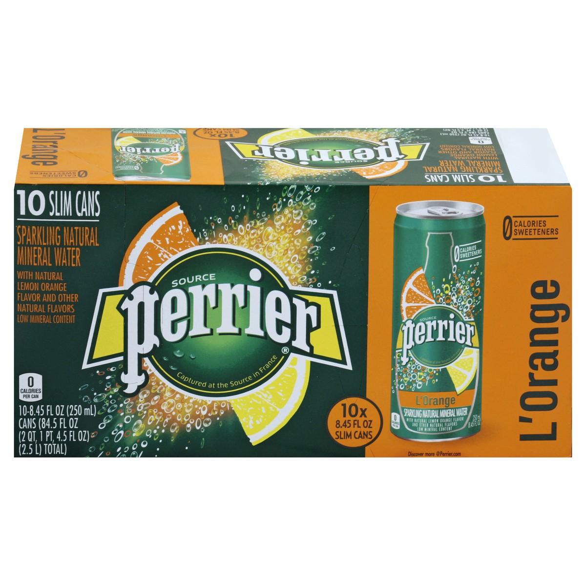 slide 4 of 10, PERRIER L'Orange Flavored Carbonated Mineral Water (Lemon Orange Flavor), 8.45 fl oz. Slim Cans (10 Count) - 84.5 oz, 84.5 oz