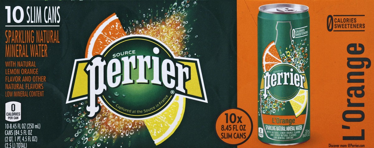 slide 8 of 10, PERRIER L'Orange Flavored Carbonated Mineral Water (Lemon Orange Flavor), 8.45 fl oz. Slim Cans (10 Count) - 84.5 oz, 84.5 oz