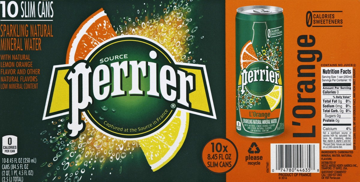 slide 5 of 10, PERRIER L'Orange Flavored Carbonated Mineral Water (Lemon Orange Flavor), 8.45 fl oz. Slim Cans (10 Count) - 84.5 oz, 84.5 oz