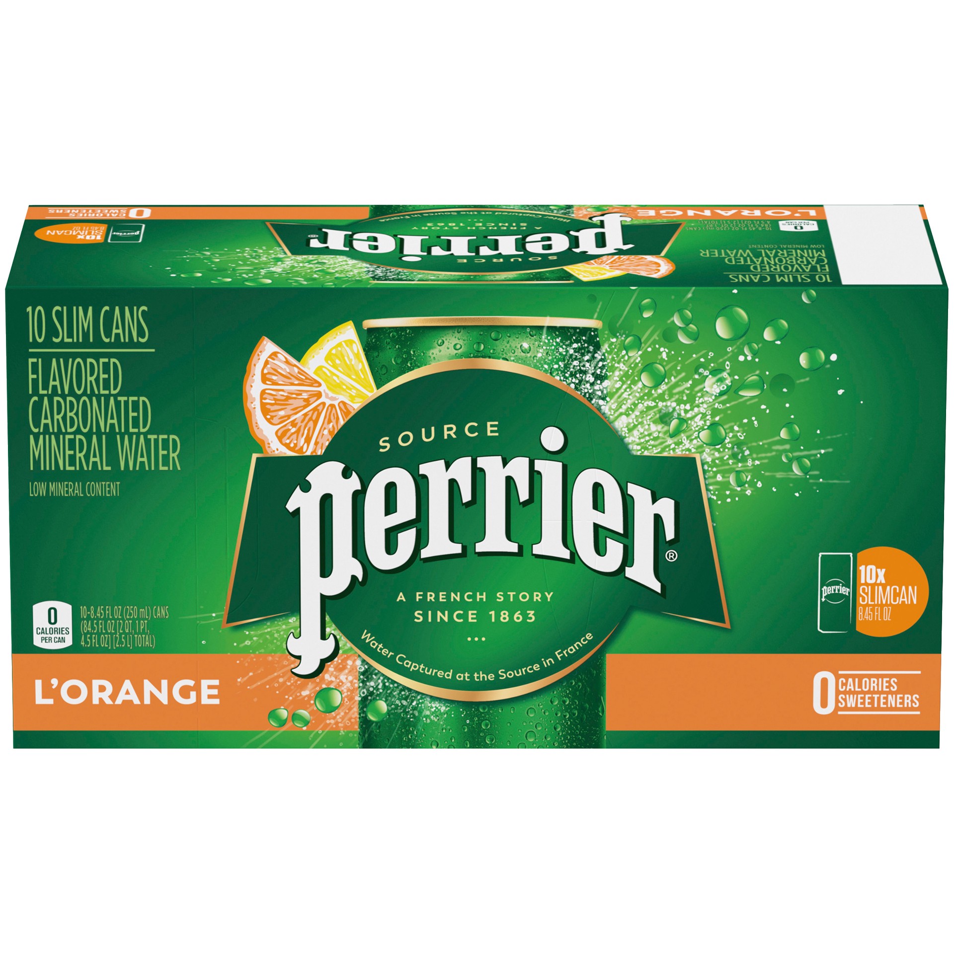 slide 1 of 10, PERRIER L'Orange Flavored Carbonated Mineral Water (Lemon Orange Flavor), 8.45 fl oz. Slim Cans (10 Count) - 84.5 oz, 84.5 oz