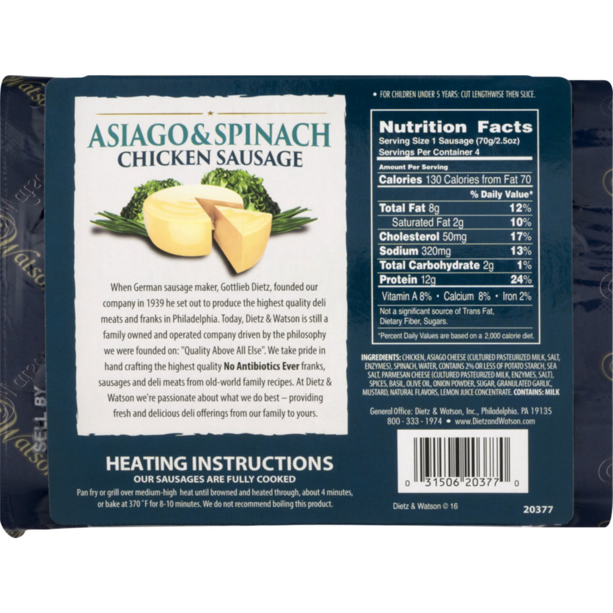 slide 2 of 2, Dietz & Watson Sausage, Chicken, Asiago & Spinach, 10 oz