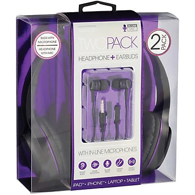 slide 1 of 1, Sentry Purple Headphones + Earbuds with Mic, 2 ct