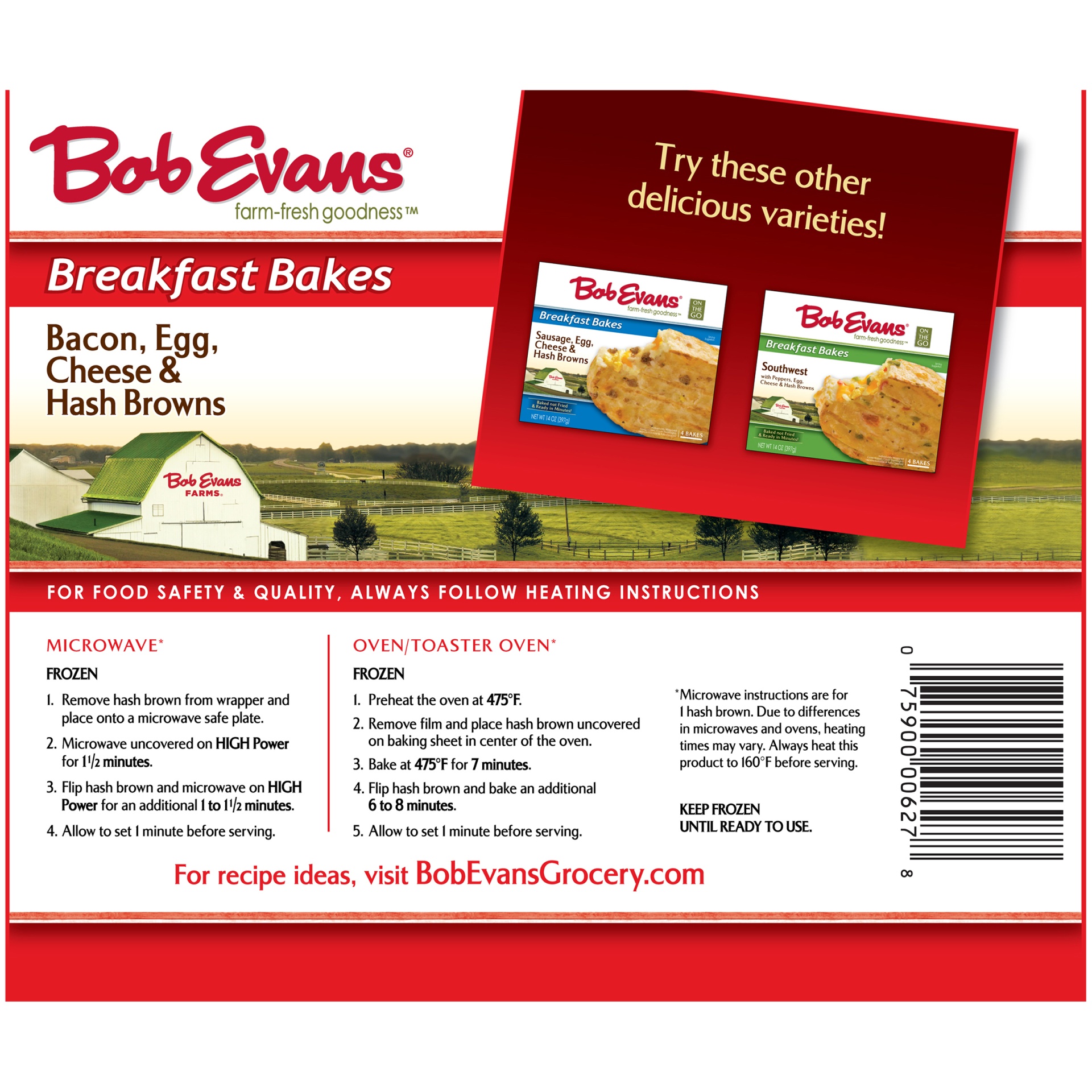 slide 6 of 8, Bob Evans Bacon, Egg, Cheese & Hashbrowns Breakfast Bake, 4 ct; 14 oz