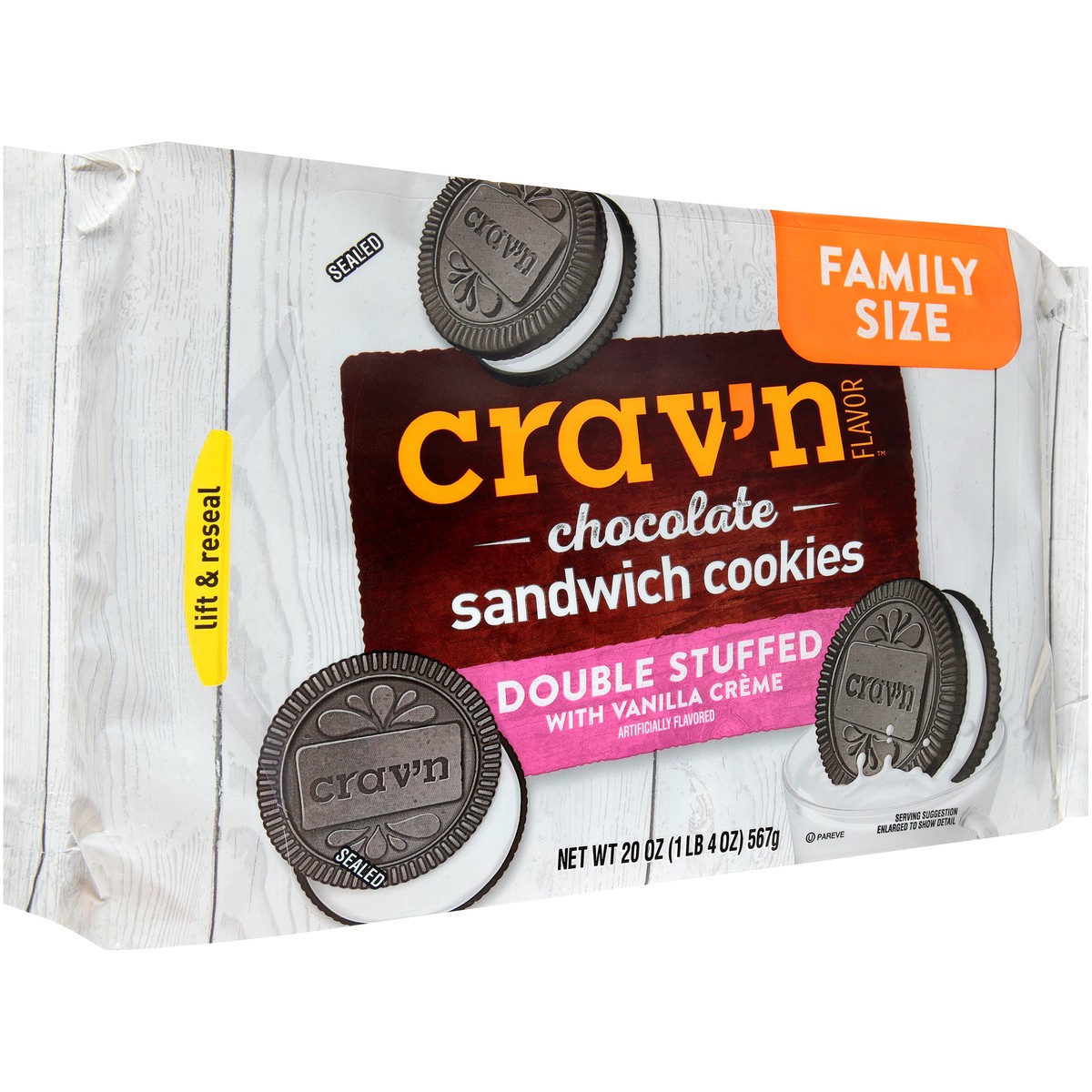 slide 5 of 14, Crav'n Flavor Vanilla Creme Double Stuffed Chocolate Sandwich Cookies, 20 oz