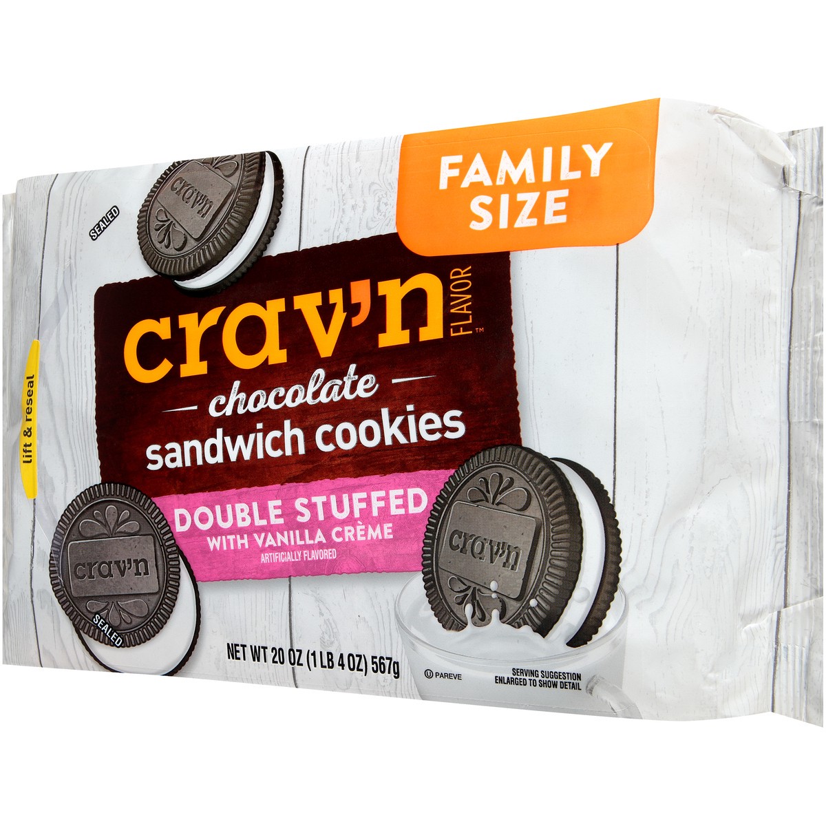 slide 6 of 14, Crav'n Flavor Vanilla Creme Double Stuffed Chocolate Sandwich Cookies, 20 oz