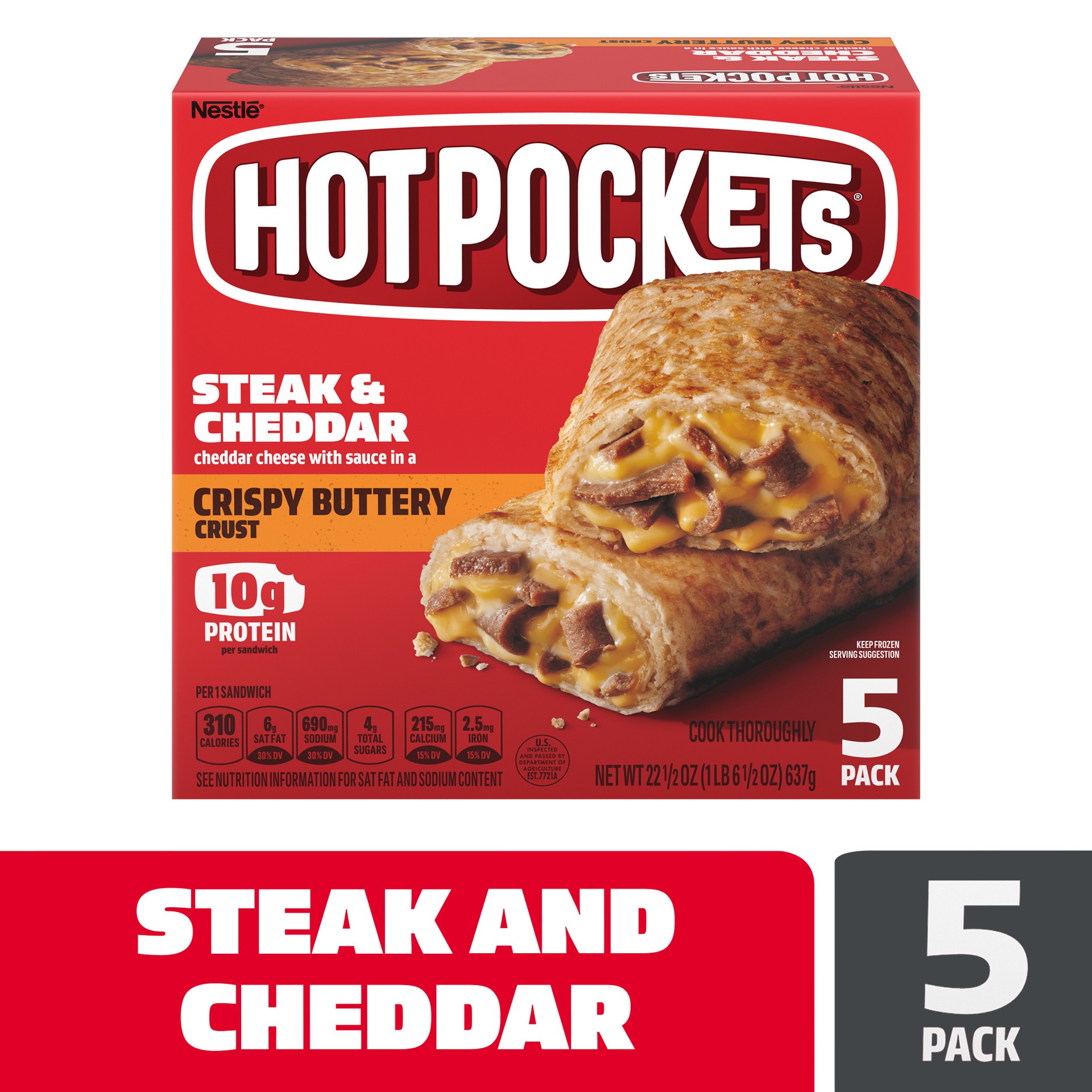 slide 1 of 8, Hot Pockets High Protein Steak & Cheddar Frozen Sandwiches, 5 ct; 4.5 oz