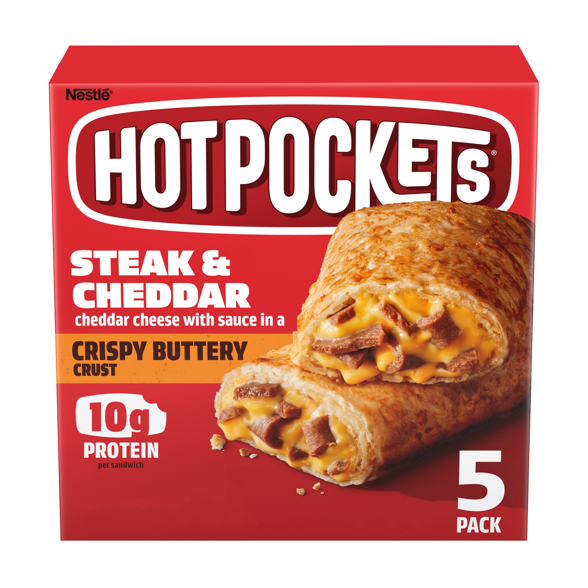 slide 1 of 3, Hot Pockets Steak & Cheddar Frozen Snacks in a Crispy Buttery Crust, Steak and Cheese Sandwiches Made with Real Cheddar Cheese, 5 Count Frozen Sandwiches, 22.5 oz