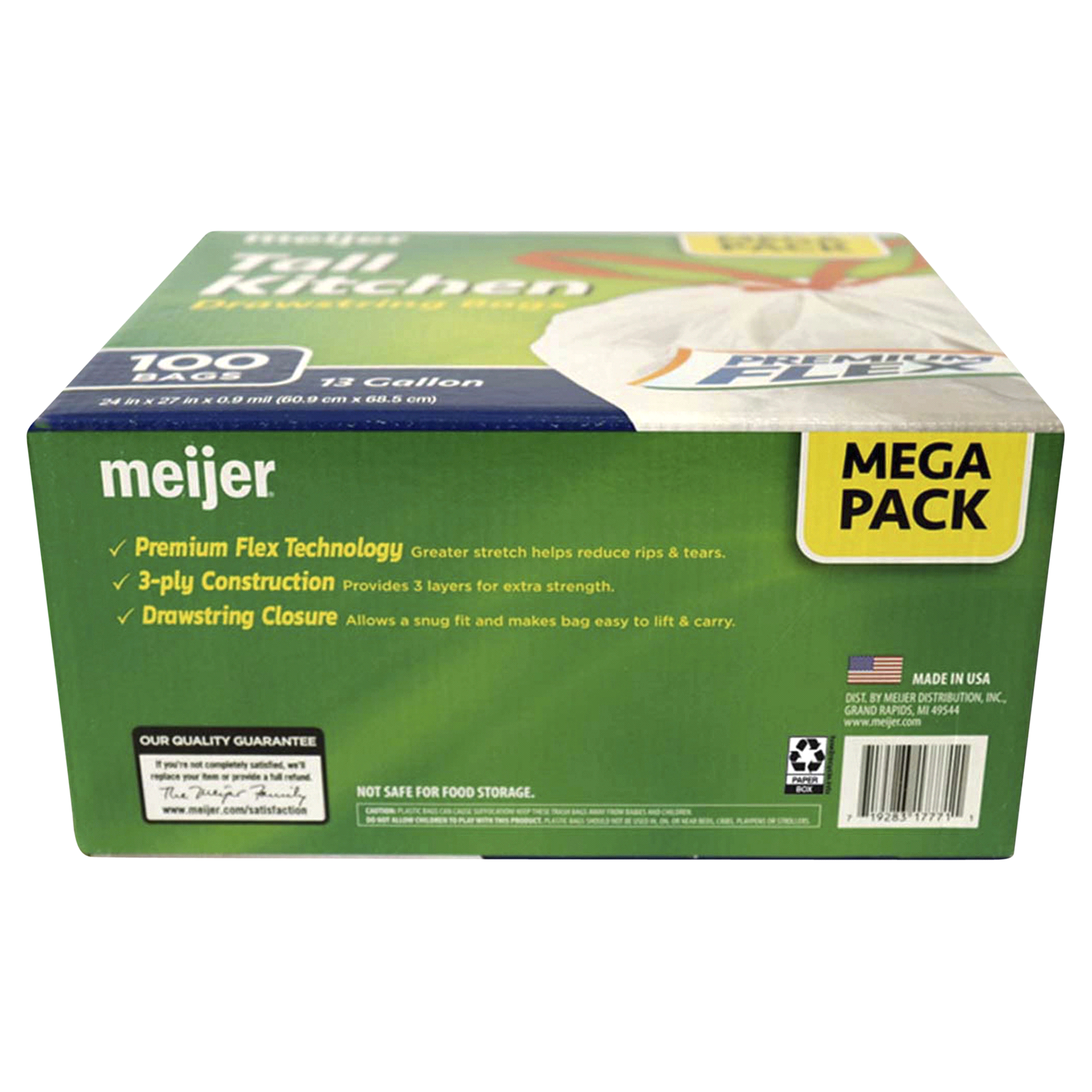 slide 9 of 9, Meijer Tall Kitchen Drawstring Bags Premium Flex Unscented, 13 gal, 100 ct