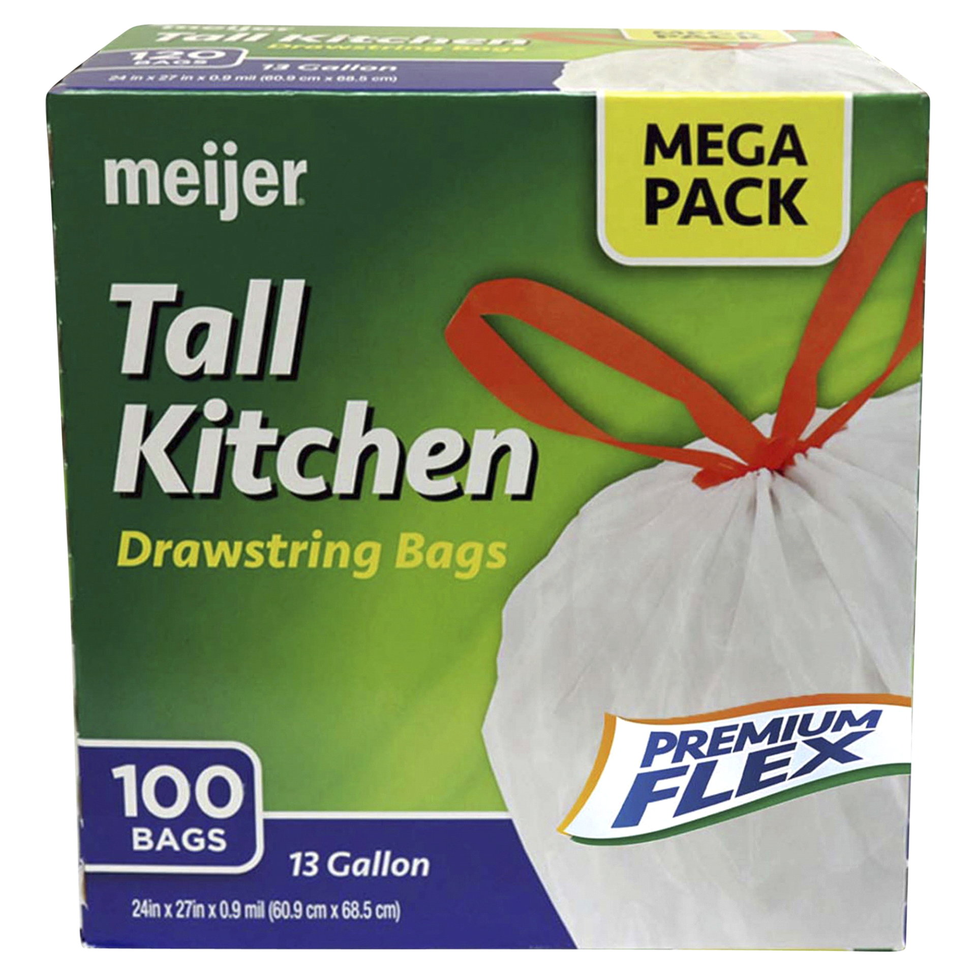 slide 1 of 9, Meijer Tall Kitchen Drawstring Bags Premium Flex Unscented, 13 gal, 100 ct