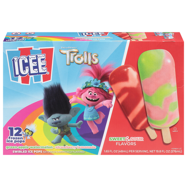 slide 1 of 1, ICEE DreamWorks Trolls Swirled Sweet & Sour Flavors Ice Pops 12 - 1.65 fl oz Pops, 12 ct