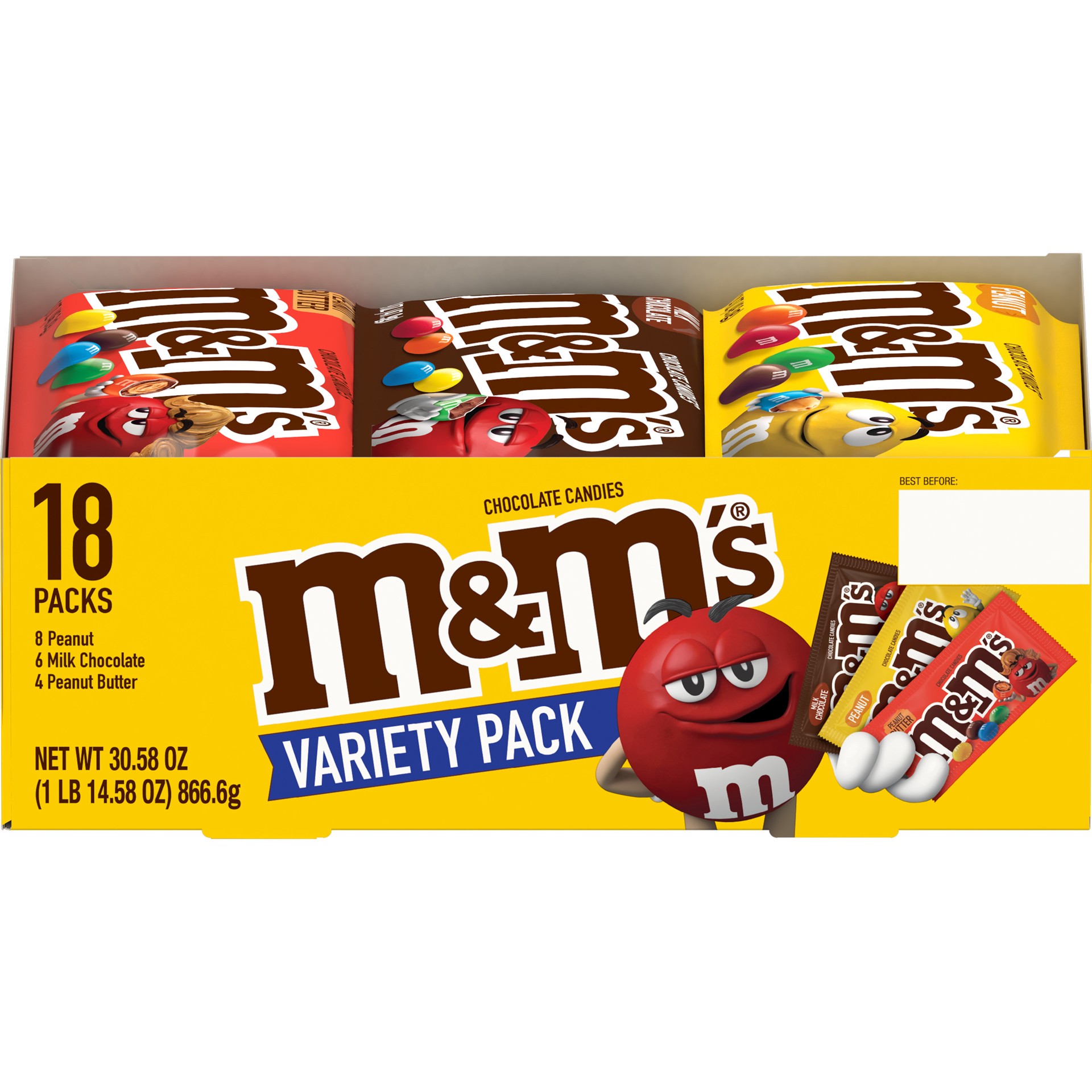 slide 1 of 8, M&M's Variety Pack Full Size Milk Chocolate Candy Bars Assortment, 30.58 oz 18 ct, 30.58 oz