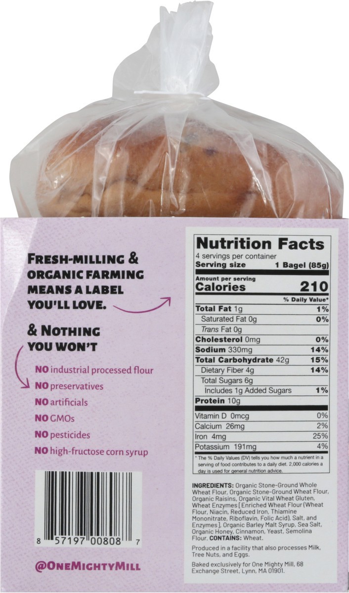 slide 8 of 9, One Mighty Mill Fresh-Milled Cinnamon Raisin Mighty Bagels 4 ea, 4 ct