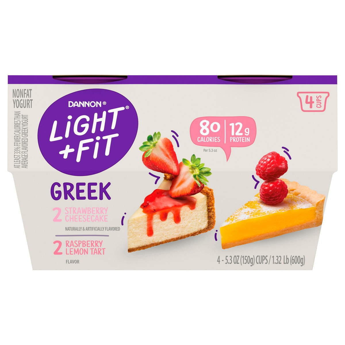 slide 1 of 1, Light + Fit Dannon Light + Fit Greek Nonfat Yogurt, Strawberry Cheesecake/Raspberry Lemon Tart, Gluten-Free, 5.3 oz., 4 Pack, 1.32 lb