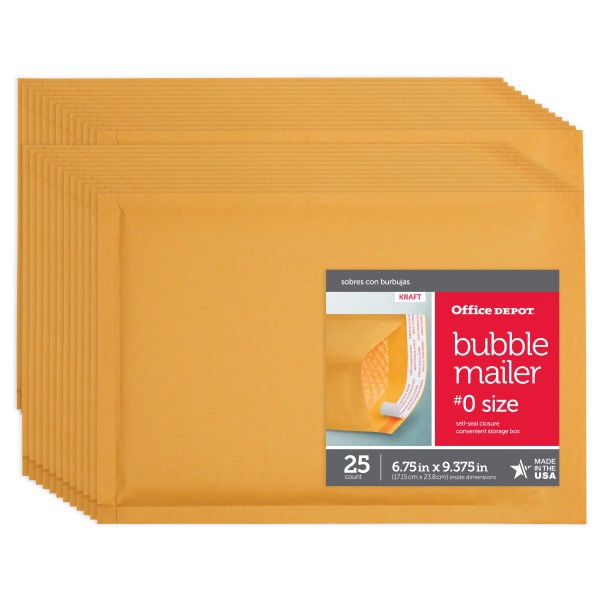 slide 2 of 7, Office Depot Brand Self-Sealing Bubble Mailers, Size 0, 6"" X 9 1/8"", Pack Of 25, 25 ct