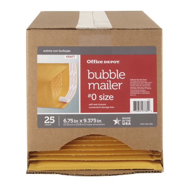 slide 6 of 7, Office Depot Brand Self-Sealing Bubble Mailers, Size 0, 6"" X 9 1/8"", Pack Of 25, 25 ct
