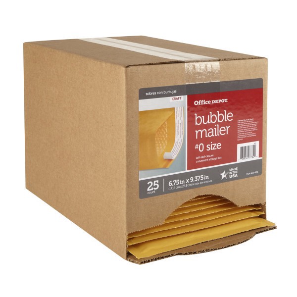 slide 5 of 7, Office Depot Brand Self-Sealing Bubble Mailers, Size 0, 6"" X 9 1/8"", Pack Of 25, 25 ct