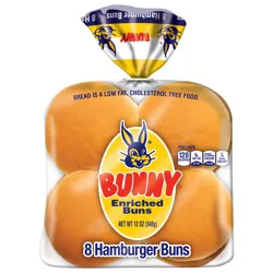 Bunny Bread Hamburger Buns, Enriched Sliced White Bread Hamburger Buns, 8 Count