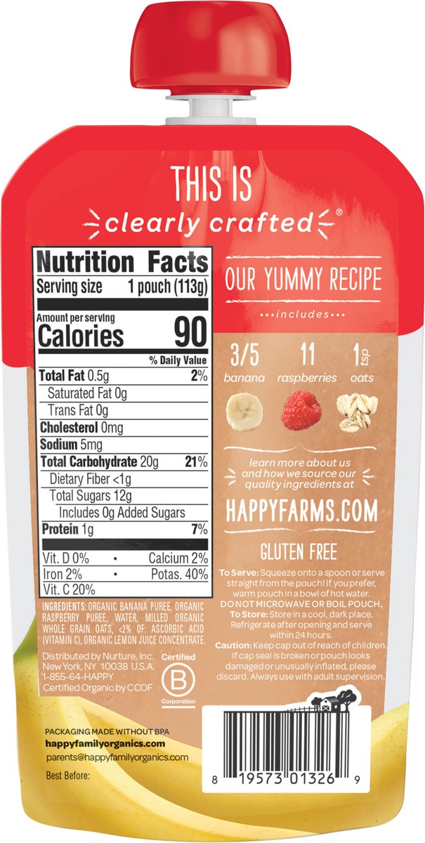 slide 2 of 3, Happy Baby Organics Clearly Crafted Stage 2 Bananas, Raspberries & Oats Pouch 4oz UNIT, 4 oz