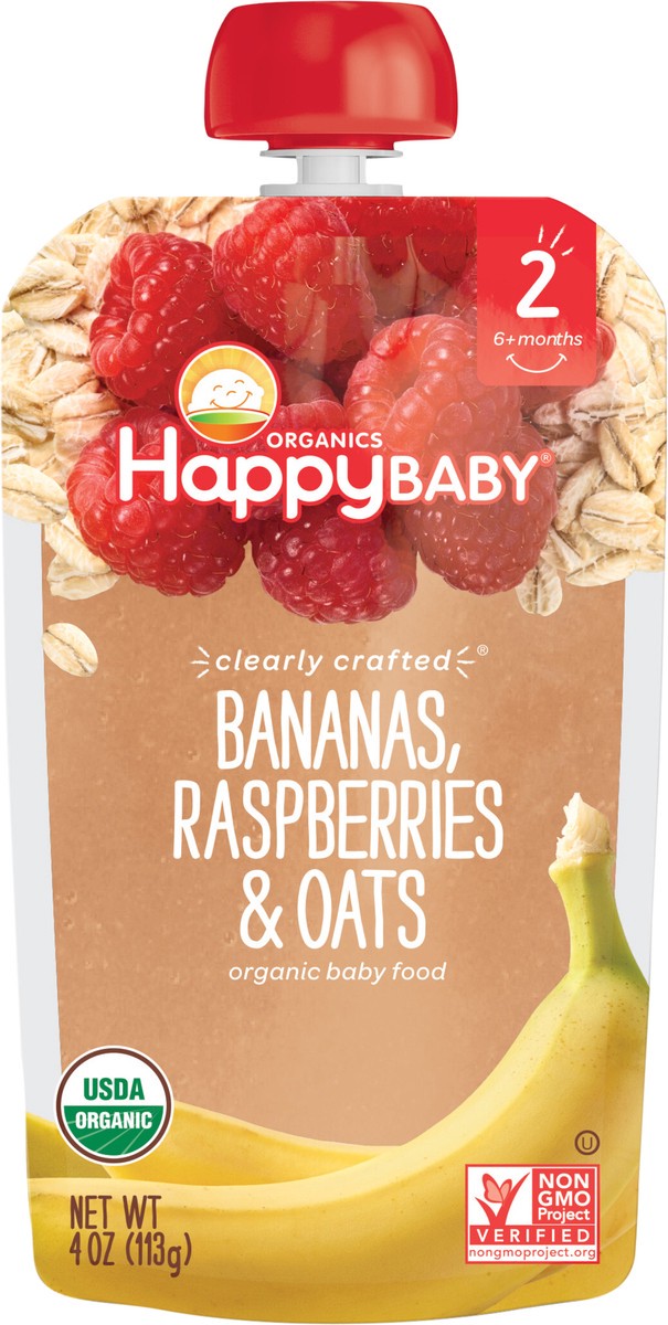 slide 3 of 3, Happy Baby Organics Clearly Crafted Stage 2 Bananas, Raspberries & Oats Pouch 4oz UNIT, 4 oz