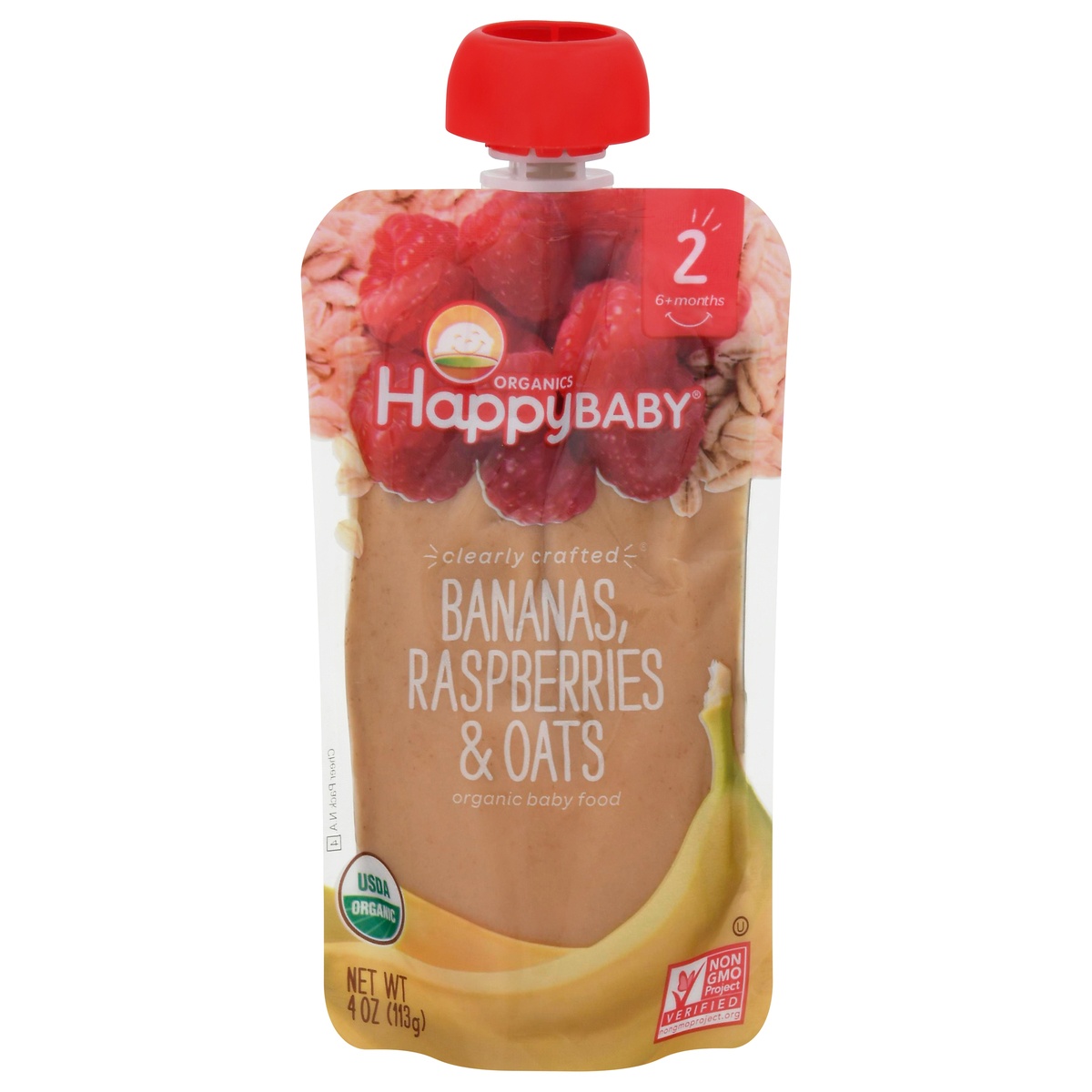 slide 1 of 1, Happy Baby Organics Clearly Crafted Stage 2 Bananas, Raspberries & Oats Pouch 4oz UNIT, 4 oz