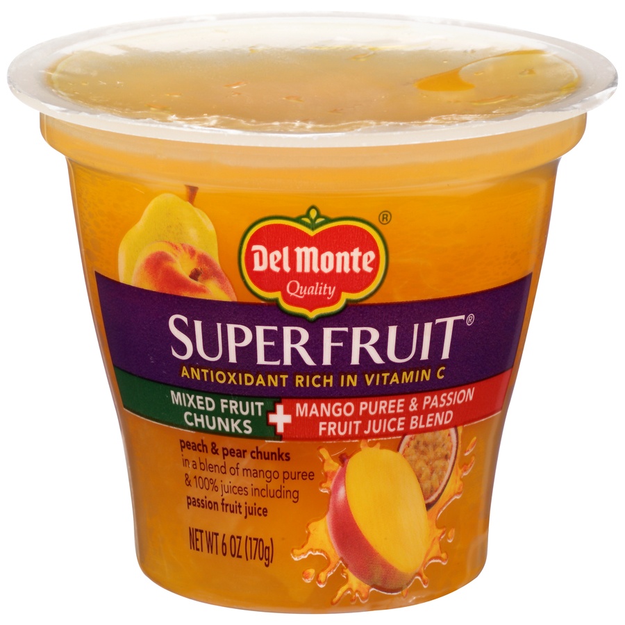 slide 1 of 6, Del Monte Mixed Fruit Chunks, in a Mango & Passion Fruit Juice Blend, 6 oz