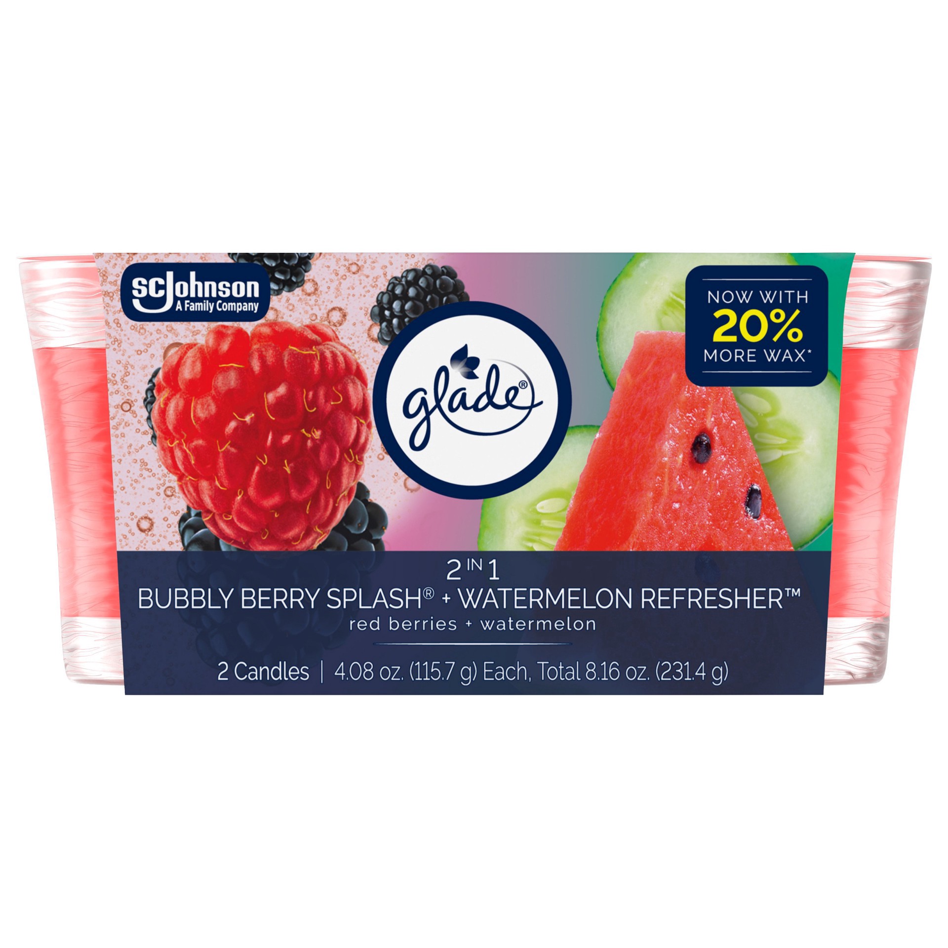slide 1 of 1, Glade 2 in 1 Bubbly Berry Splash + Watermelon Refresher Candles 2 - 4.08 oz Each, 2 ct