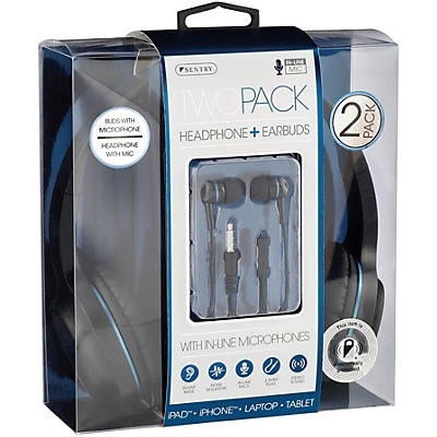 slide 1 of 1, Sentry Blue Headphones + Earbuds with Mic, 2 ct