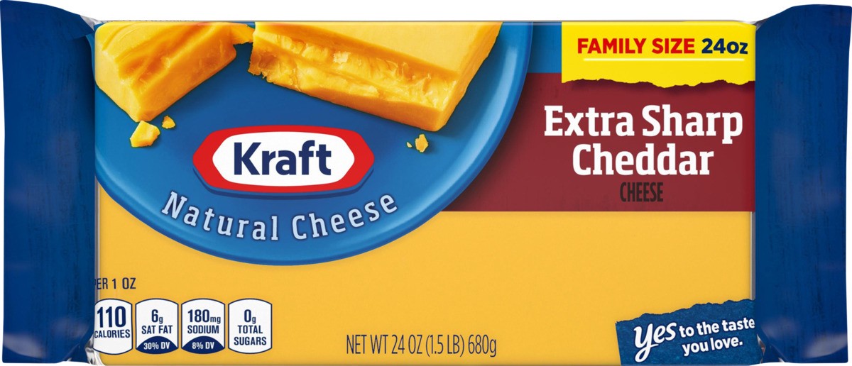 slide 6 of 8, Kraft Extra Sharp Cheddar Cheese Family Size, 24 oz Block, 24 oz