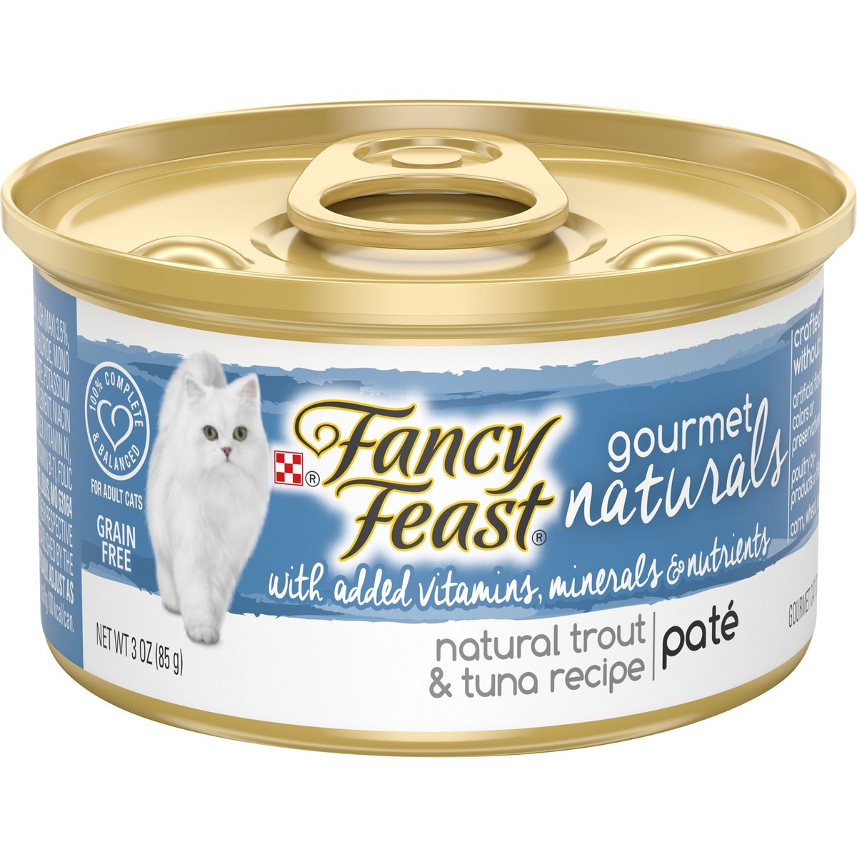 slide 1 of 6, Fancy Feast Purina Fancy Feast Grain Free Wet Cat Food Pate Gourmet Naturals Trout and Tuna Recipe, 3 oz