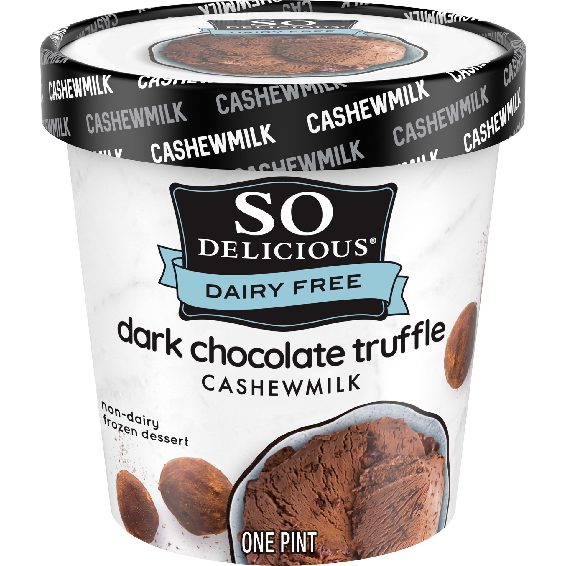 slide 1 of 5, So Delicious Dairy Free Cashew Milk Frozen Dessert, Dark Chocolate Truffle, Vegan, Non-GMO Project Verified, 1 Pint, 16 fl oz