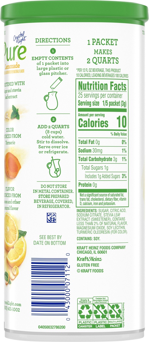 slide 10 of 11, Crystal Light Pure Lemonade Naturally Flavored Powdered Drink Mix with No Artificial Sweeteners Pitcher, 2.53 oz