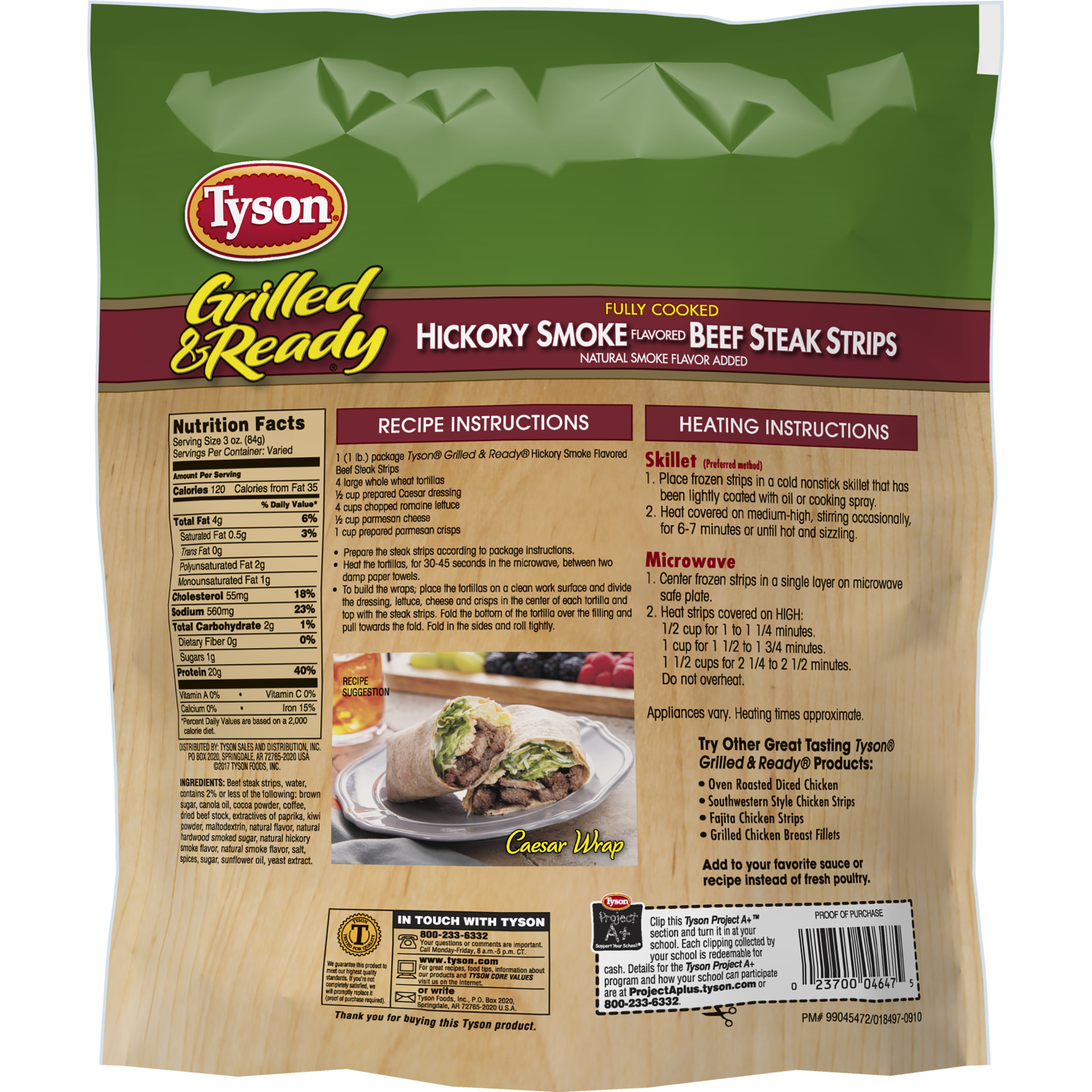 slide 2 of 4, TYSON GRILLED AND READY Fully Cooked, Hickory Smoke Flavored Steak Strips, 453.60 g