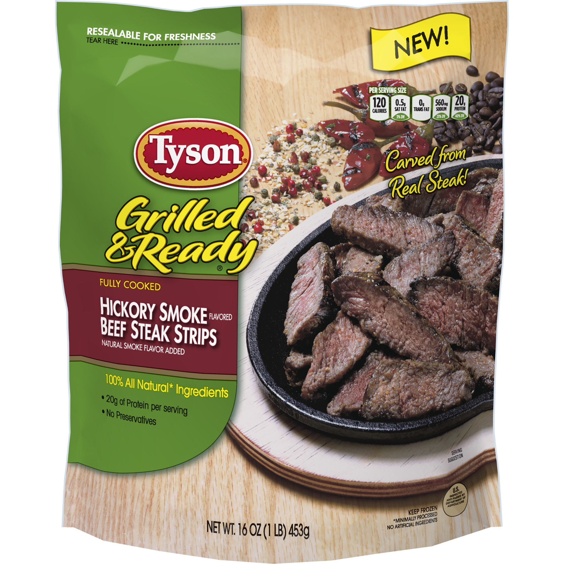 slide 1 of 4, TYSON GRILLED AND READY Fully Cooked, Hickory Smoke Flavored Steak Strips, 453.60 g