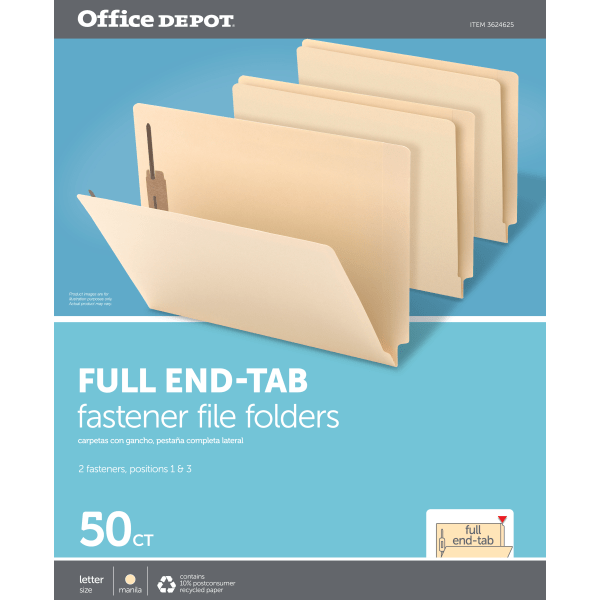 slide 3 of 5, Office Depot® Brand End Tab Fastener Folders, 2 Bonded Fasteners, Straight-Cut Tabs, Letter Size, Manila, Box Of 50, 50 ct