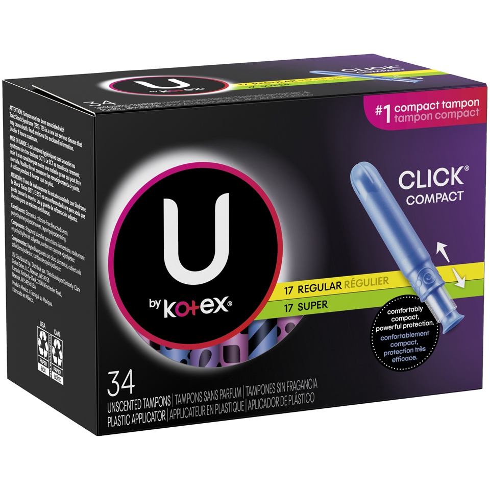 slide 2 of 3, U by Kotex Click 17 Regular / 17 Super Compact Unscented Tampons, 34 ct