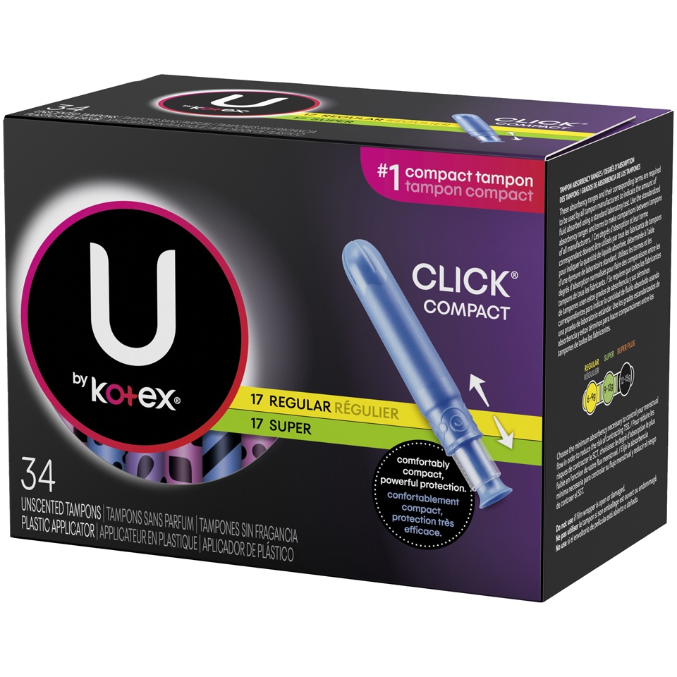 slide 3 of 3, U by Kotex Click 17 Regular / 17 Super Compact Unscented Tampons, 34 ct