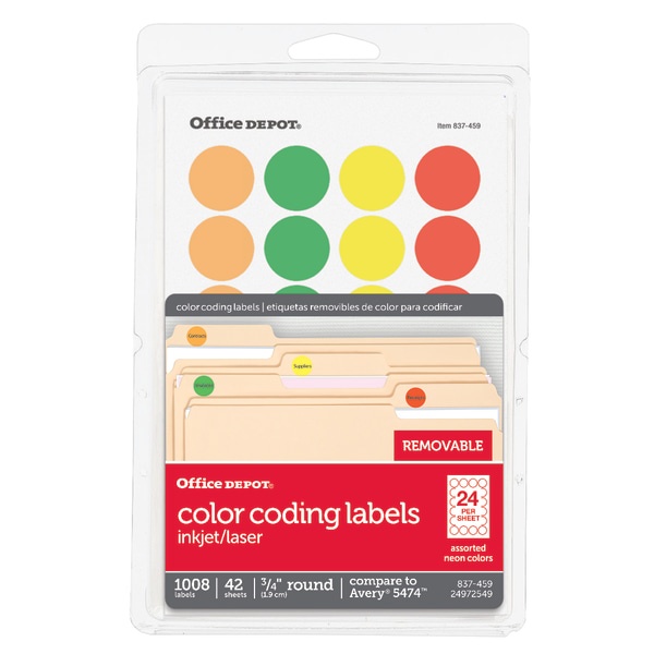 slide 1 of 2, Office Depot Brand Removable Round Color-Coding Labels, Od98789, 3/4'' Diameter, Assorted Fluorescent Colors, Pack Of 1,008, 1 ct