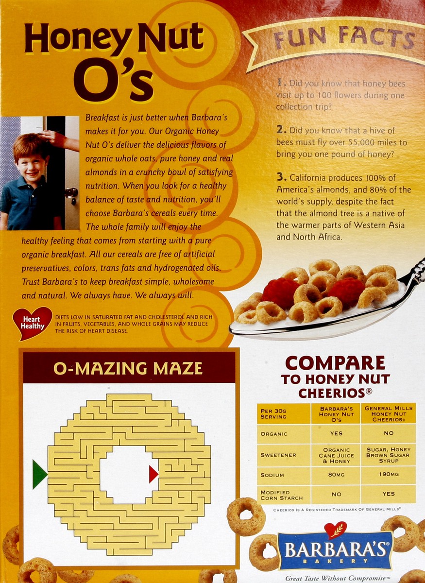 slide 4 of 7, Barbara's Organic Honest O's Honey Nut Cereal, Heart Healthy, Non-GMO, 10 Oz Box, 10 oz