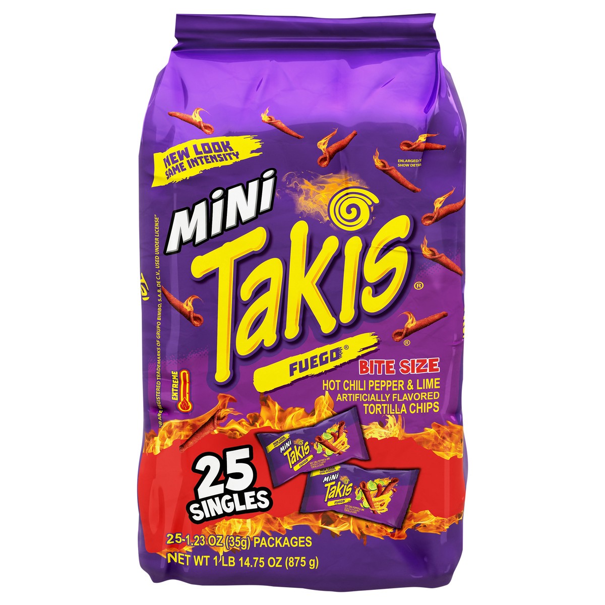 slide 1 of 7, Takis Fuego Mini Rolls 25 ct Multipack, Hot Chili Pepper & Lime Flavored Spicy Tortilla Chips, 25 ct