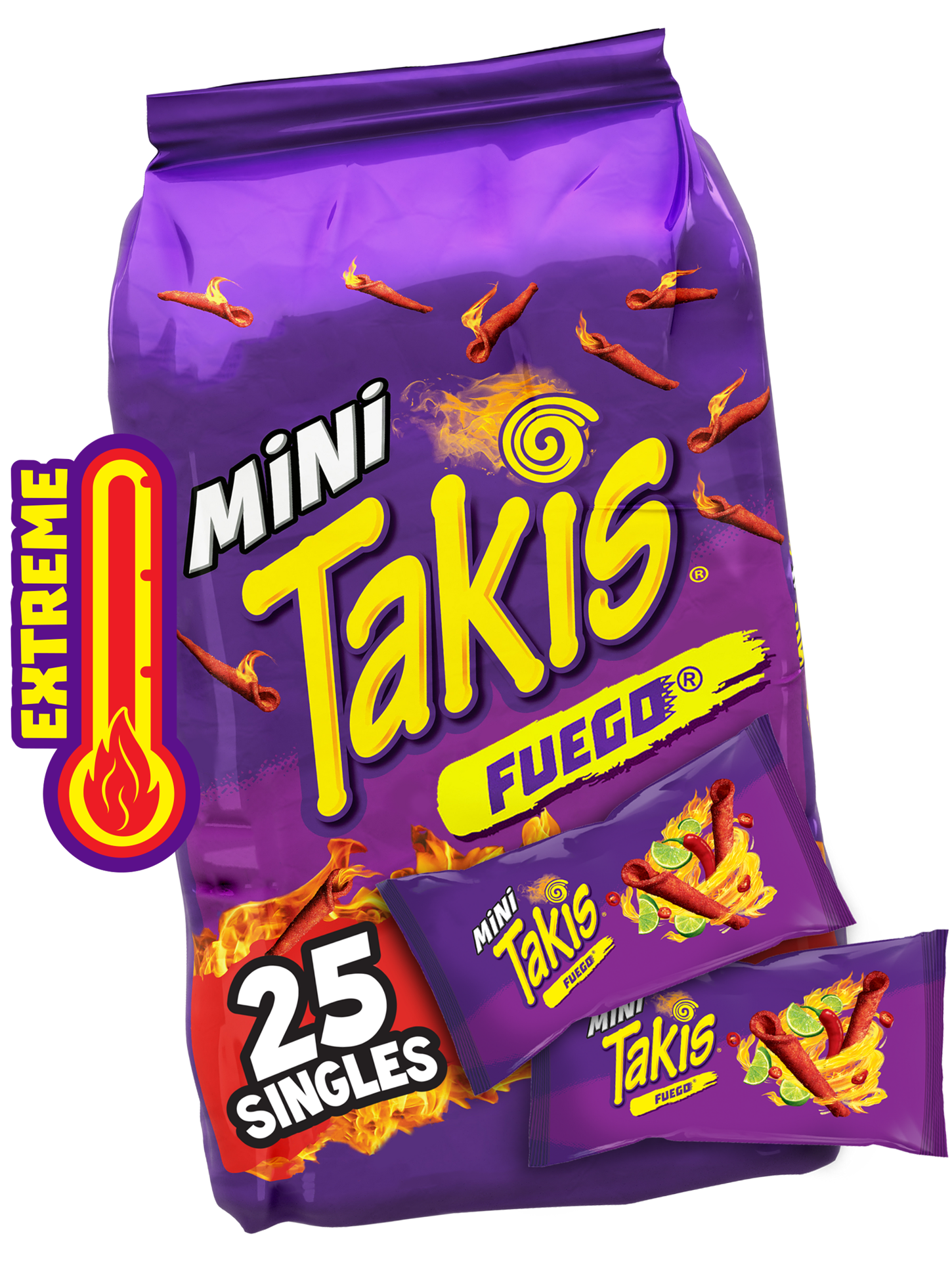 slide 1 of 7, Takis Fuego Mini 25 pc / 1.23 oz Bite Size Multipack, Hot Chili Pepper & Lime Flavored Extreme Spicy Rolled Tortilla Chips, 30.75 oz