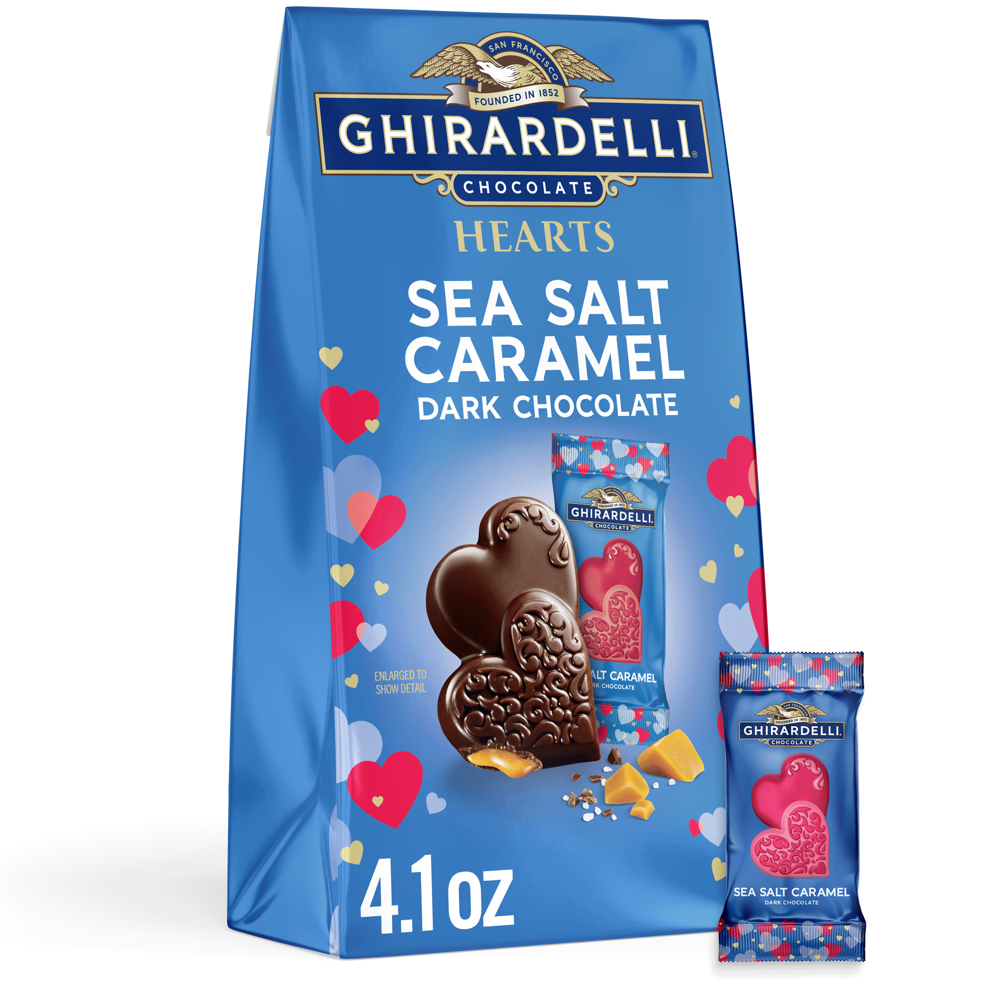 slide 1 of 7, GHIRARDELLI Sea Salt Caramel Dark Chocolate Hearts, 4.1 oz Bag, 4.1 oz