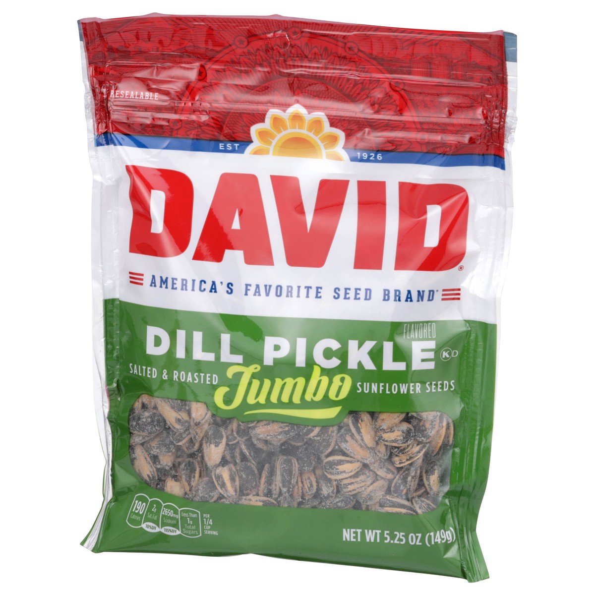 slide 7 of 8, DAVID Jumbo Salted & Roasted Dill Pickle Flavored Sunflower Seeds 5.25 oz, 5.25 oz