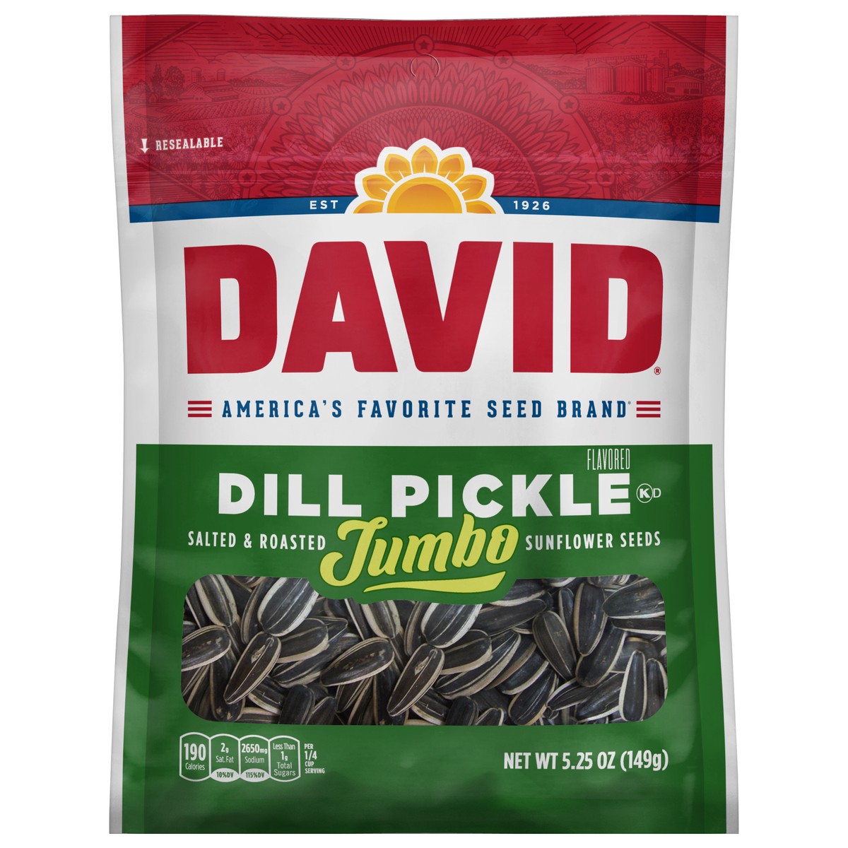slide 5 of 8, DAVID Jumbo Salted & Roasted Dill Pickle Flavored Sunflower Seeds 5.25 oz, 5.25 oz