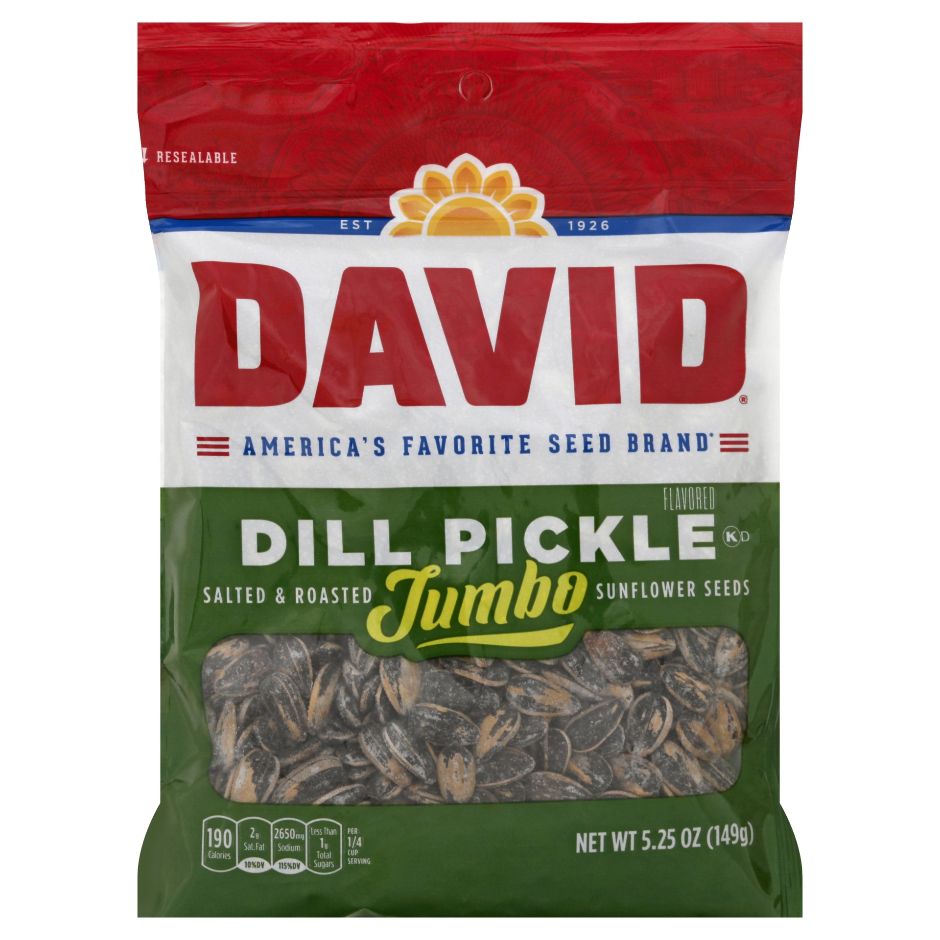 slide 1 of 2, DAVID Sunflower Seeds, Roasted & Salted, Jumbo, Dill Pickle, 5.25 oz