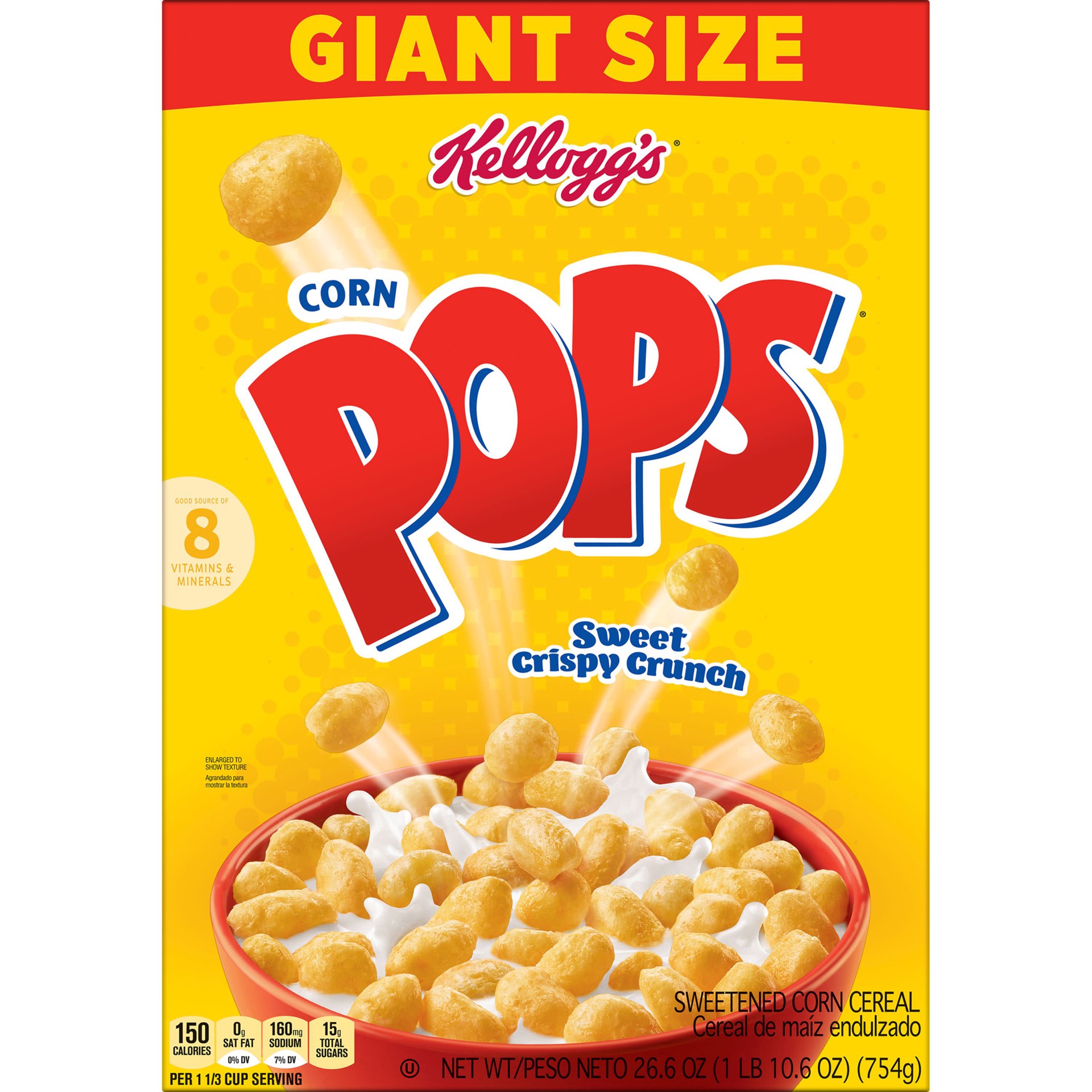 slide 5 of 5, Corn Pops Kellogg's Corn Pops Breakfast Cereal, 8 Vitamins and Minerals, Kids Snacks, Giant Size, Original, 26.6oz Box, 1 Box, 26.6 oz