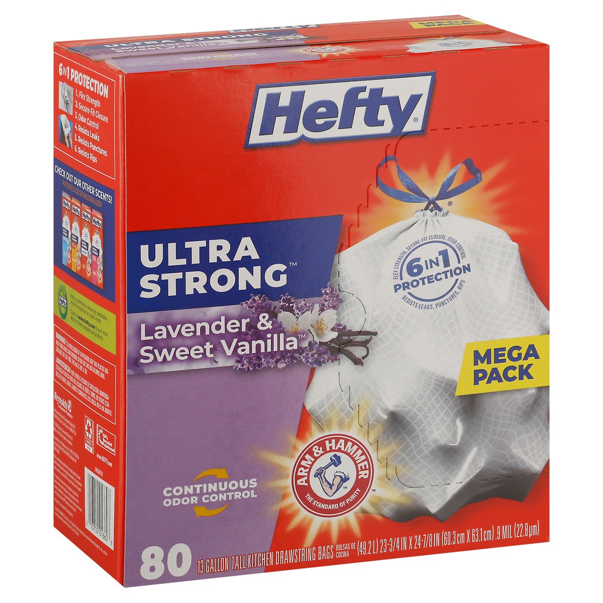 slide 8 of 9, Hefty Ultra Strong Tall Kitchen 13 Gallon Lavender & Sweet Vanilla Drawstring Bags Mega Pack 80 ea, 80 ct