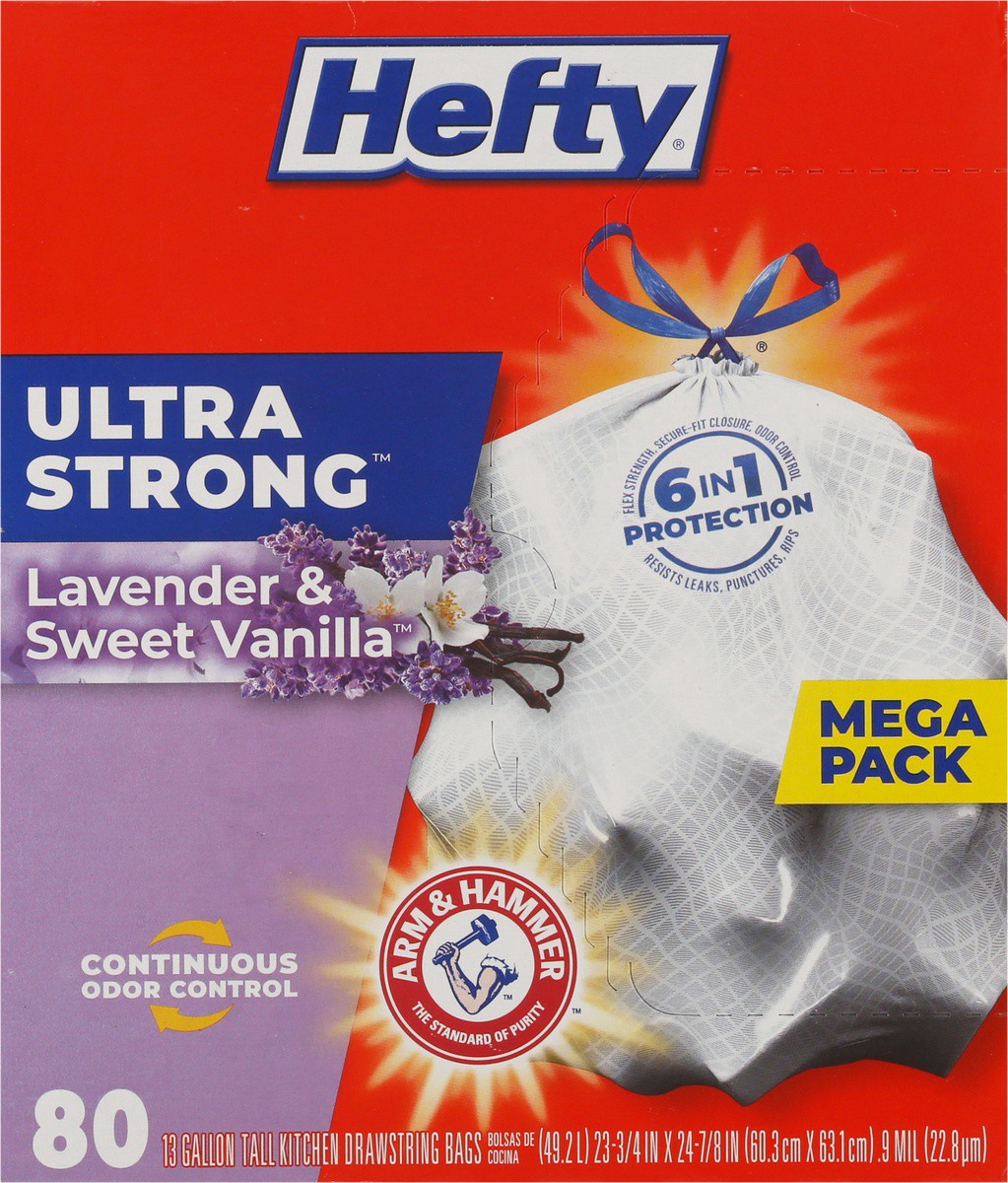 slide 7 of 9, Hefty Ultra Strong Tall Kitchen 13 Gallon Lavender & Sweet Vanilla Drawstring Bags Mega Pack 80 ea, 80 ct